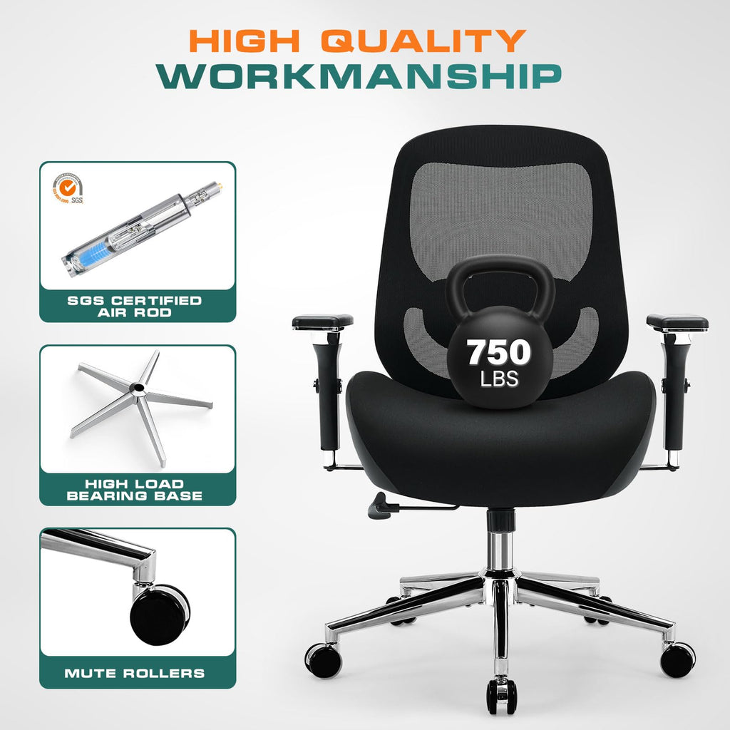 750lbs Big and Tall Office Chair with Wide Thick Seat Cushion for Heavy People Ergonomic Computer Mesh Desk Chairs with 4D Armrests, Adjustable Lumbar Support for Adults 8 Hours daliy Work