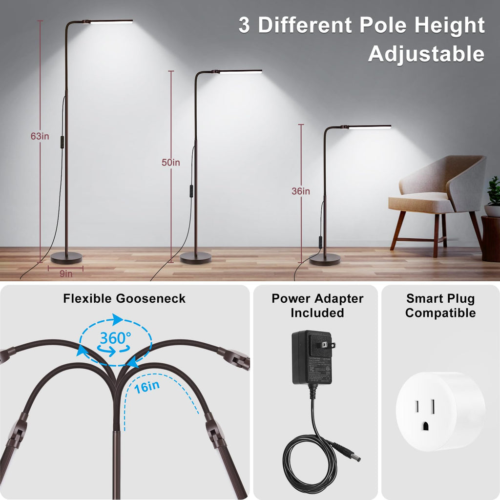 Floor Lamp, 18W/2000LM Bright LED Floor Lamp with Double Head, Adjustable Gooseneck Dimmable Craft Light for Sewing Tatoo Makeup, Eye Caring Brown Reading Floor Lamps for Living Room Bedroom Office