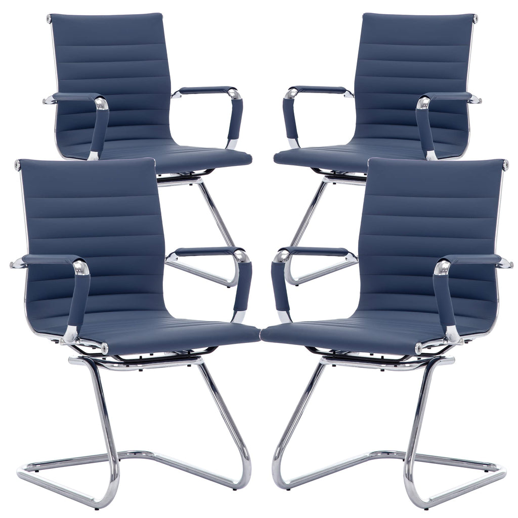 Conference Room Chairs Set of 4, Office Guest Chair with Armrests, Faux Leather Upholstery & Metal Sled Base, Comfortable Meeting Room Chairs for Office/Reception/Conference, Navy Blue