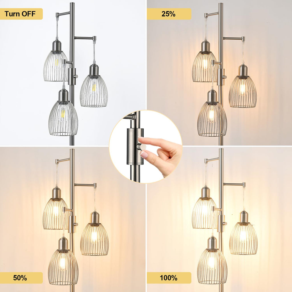 Floor Lamp, 3 x 800LM LED Edison Bulbs Included, Industrial Floor Lamp Standing Tree Lamp with Elegant Teardrop Cage Heads Tall Lamps for Living Room Bedroom-Brushed Nickel