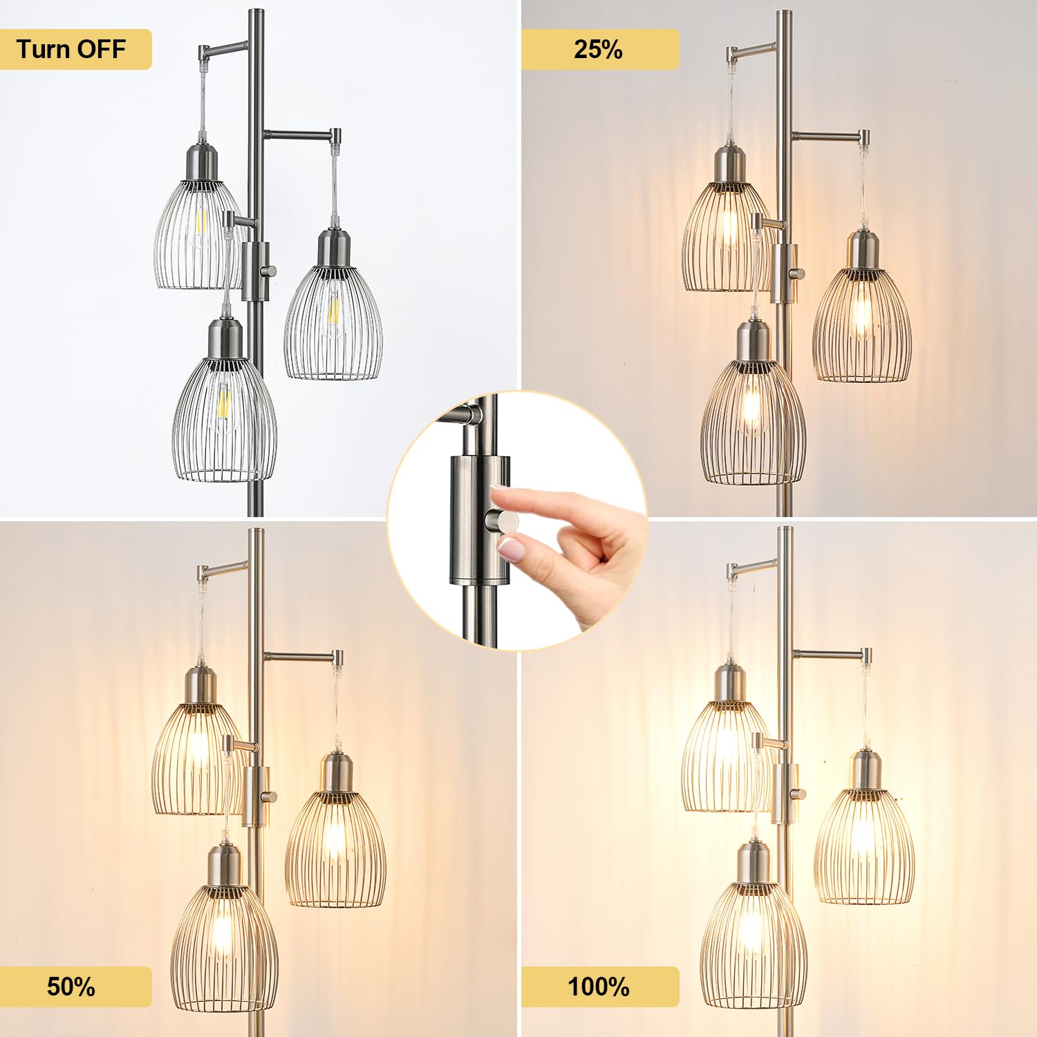 Floor Lamp, 3 x 800LM LED Edison Bulbs Included, Industrial Floor Lamp Standing Tree Lamp with Elegant Teardrop Cage Heads Tall Lamps for Living Room Bedroom-Brushed Nickel