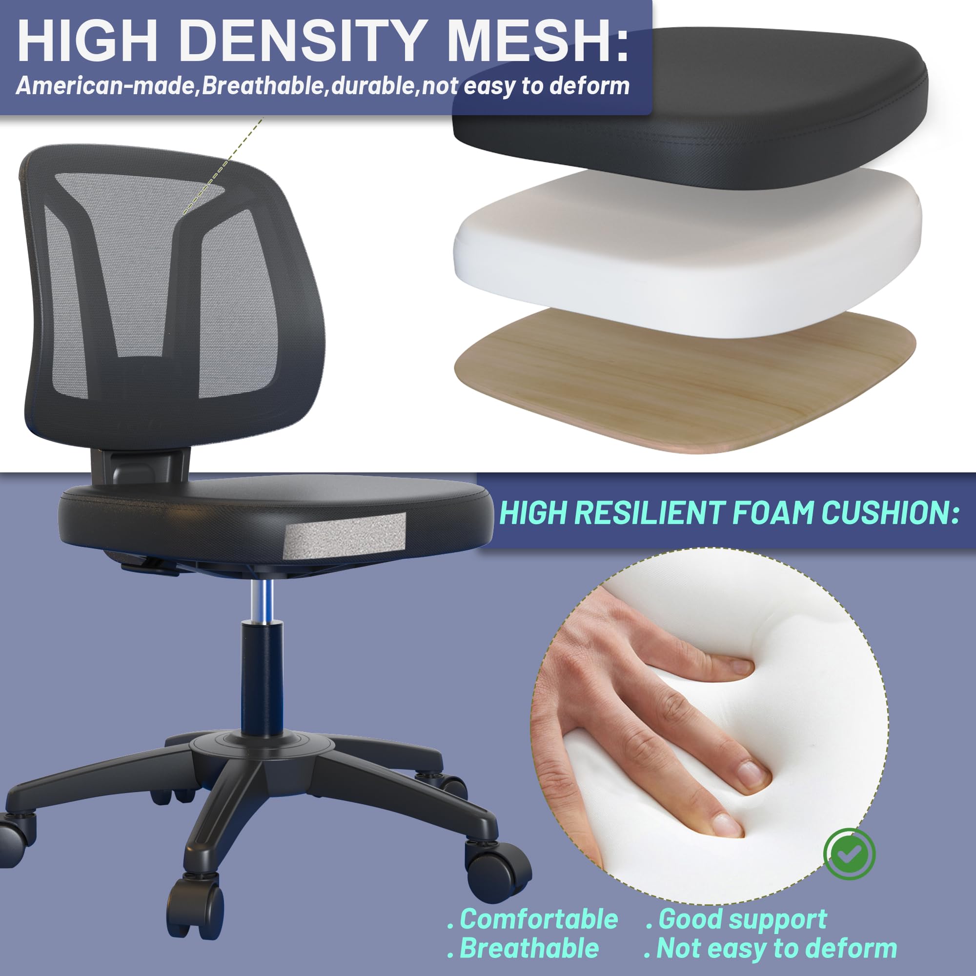 Armless Office Desk Chair No Arms with Back Support Rolling Wheels for Home Study office Work