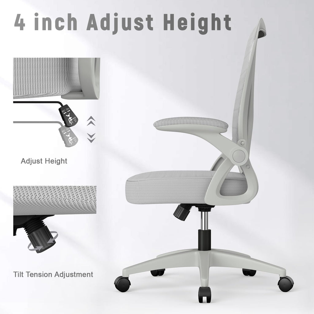 Ergonomic Office Chair, Mid Back Desk Chairs with Adjustable Height, Swivel Chair with Flip-Up Arms and Lumbar Support, Breathable Mesh Computer Chair for Home/Study/Working, Grey
