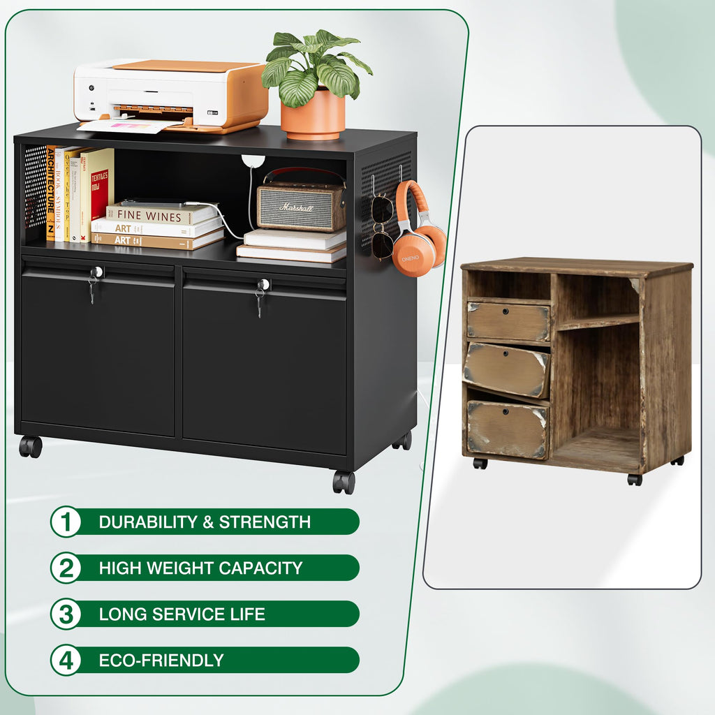 Metal File Cabinet,2 Drawer Filing Cabinet with Lock,Rolling Printer Stand Storage Cabinets with Shelves for Home Office Letter/Legal/A4 Size Files(Black)