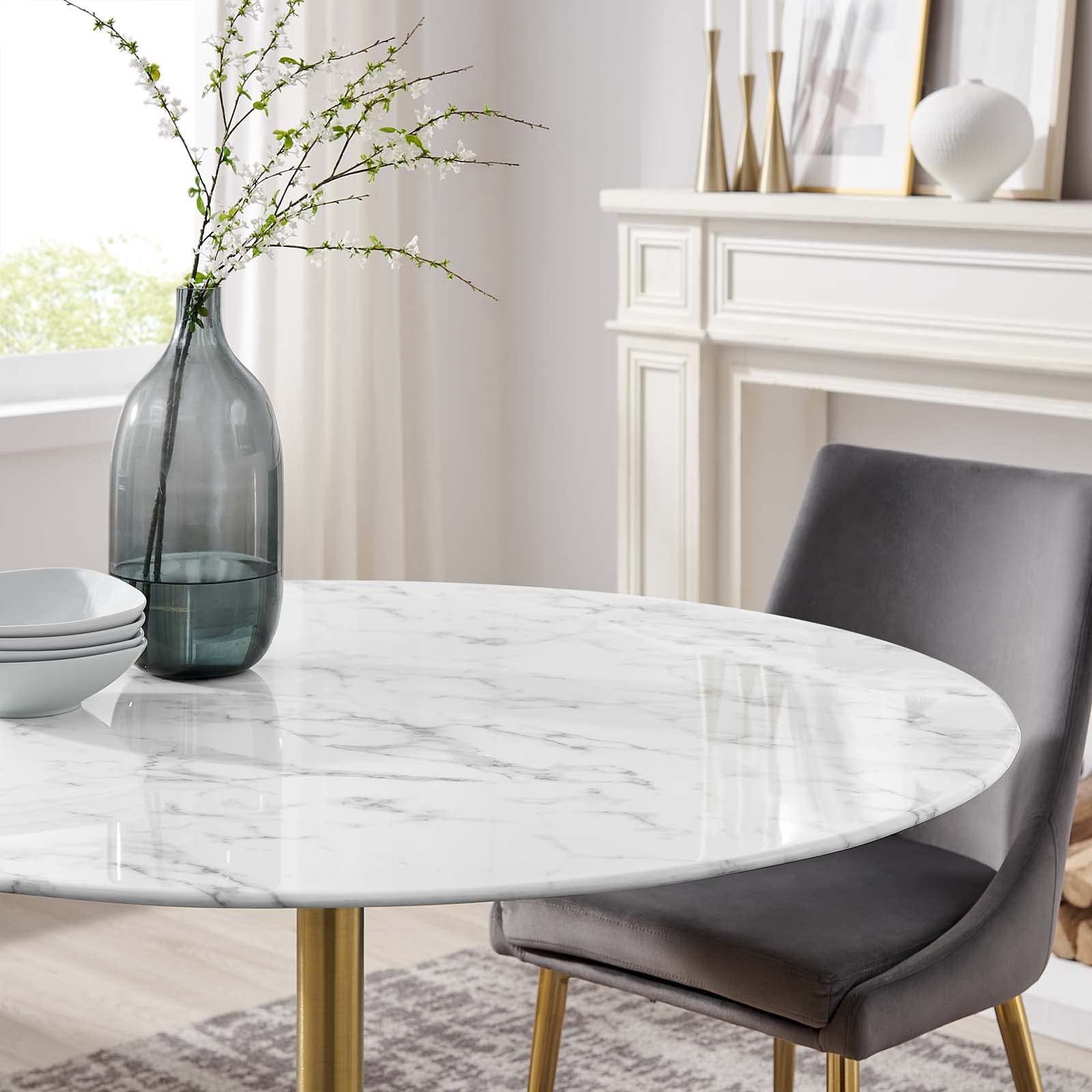 Modway Lippa 47" Mid-Century Dining Table with Round Artificial Marble Top in Gold White