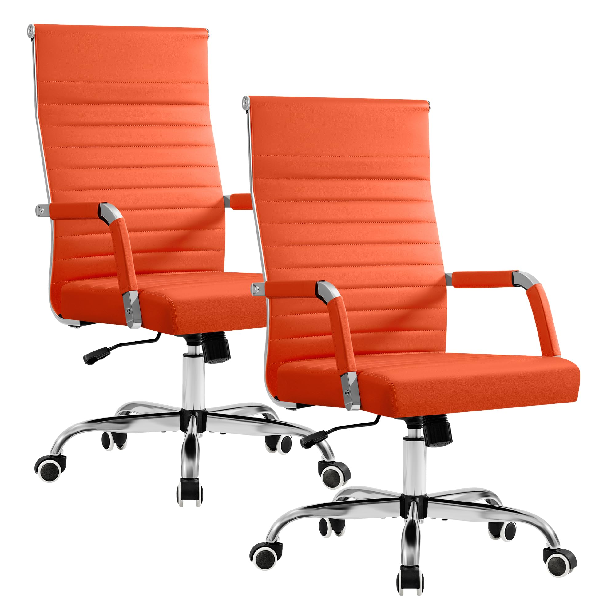 (2, Orange) Ergonomic Office Desk Chair, Executive Ribbed Mid-Back PU Leather Conference Room Chair Adjustable Swivel Chair with Arms