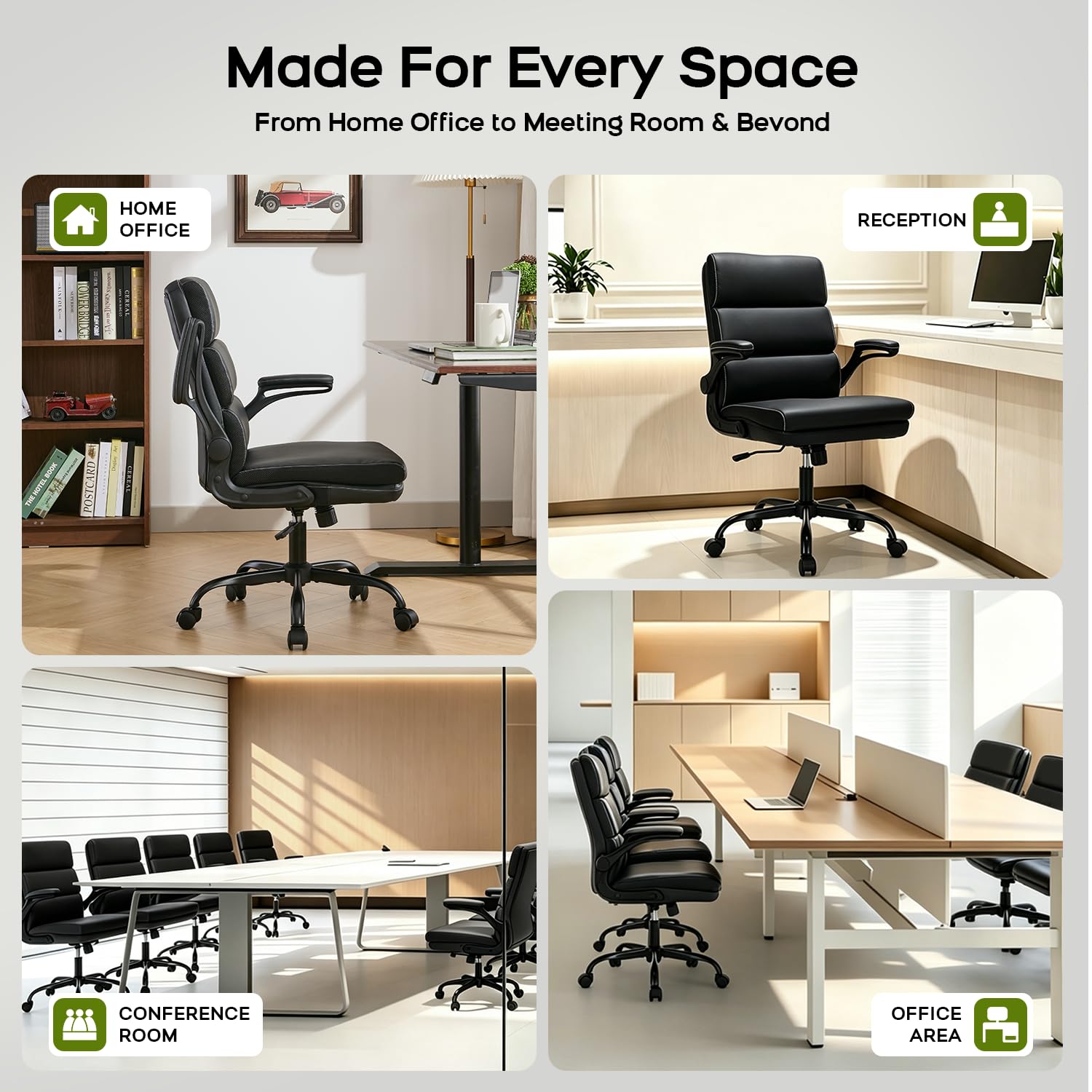 Office Chair Adjustable Desk Chair Mid Back Executive Comfortable Bonded Leather Ergonomic Back Support Home Computer Chair with Padded Flip-up Armrest Swivel Wheels (Black)