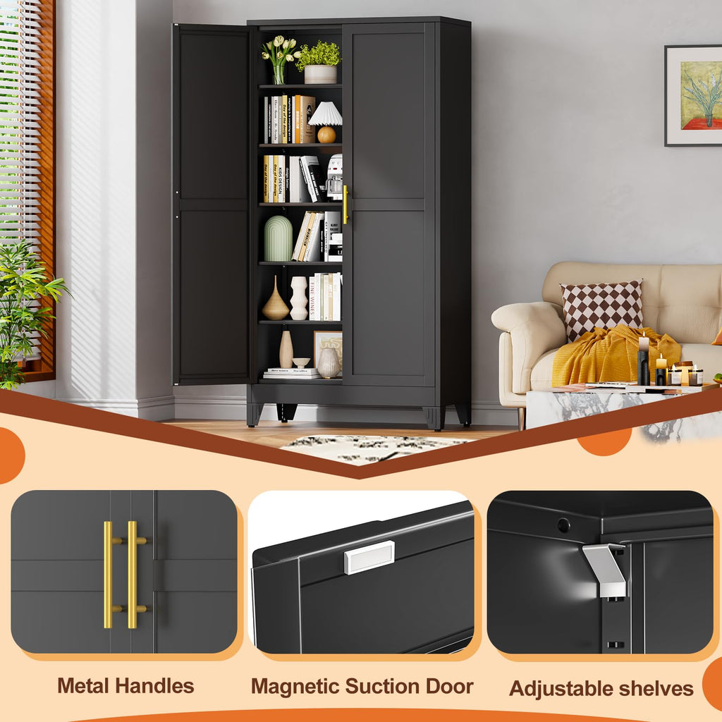 Black Metal Storage Cabinet, 79" Pantry Cabinets for Office