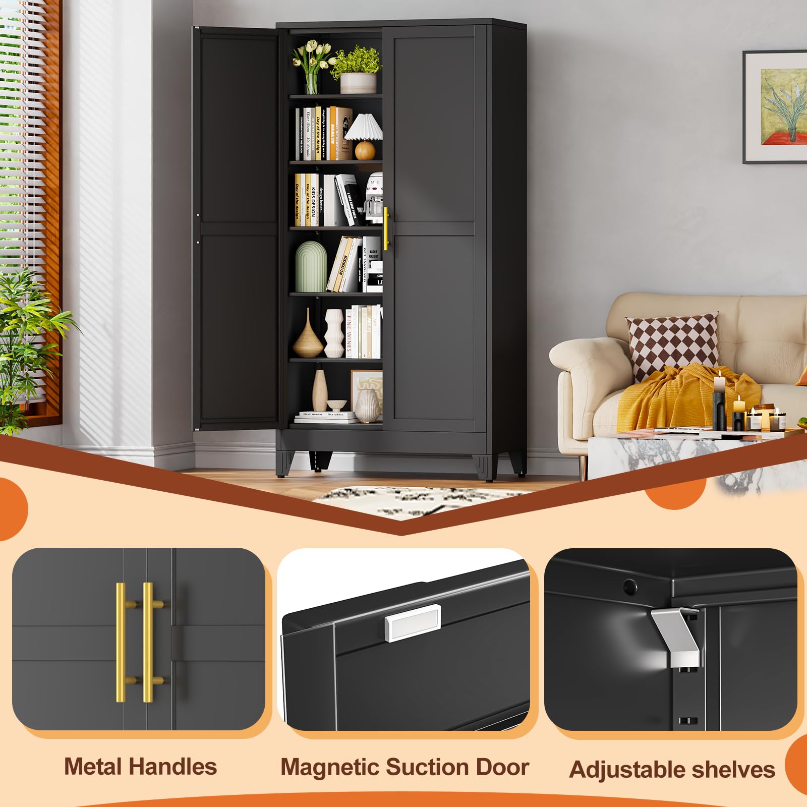 Black Metal Storage Cabinet, 79" Pantry Cabinets for Office