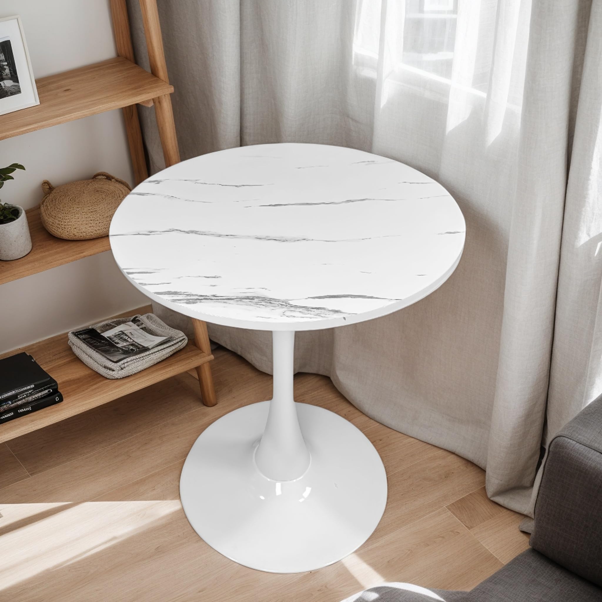 Sybrioka 24" Tulip Table for 1-2 Persons Modern Round Dining Table, Mid-Century Modern White Marble Small Kitchen Table with MDF Wooden Top, Leisure Coffee Table for Living Room, Dining Room, Office