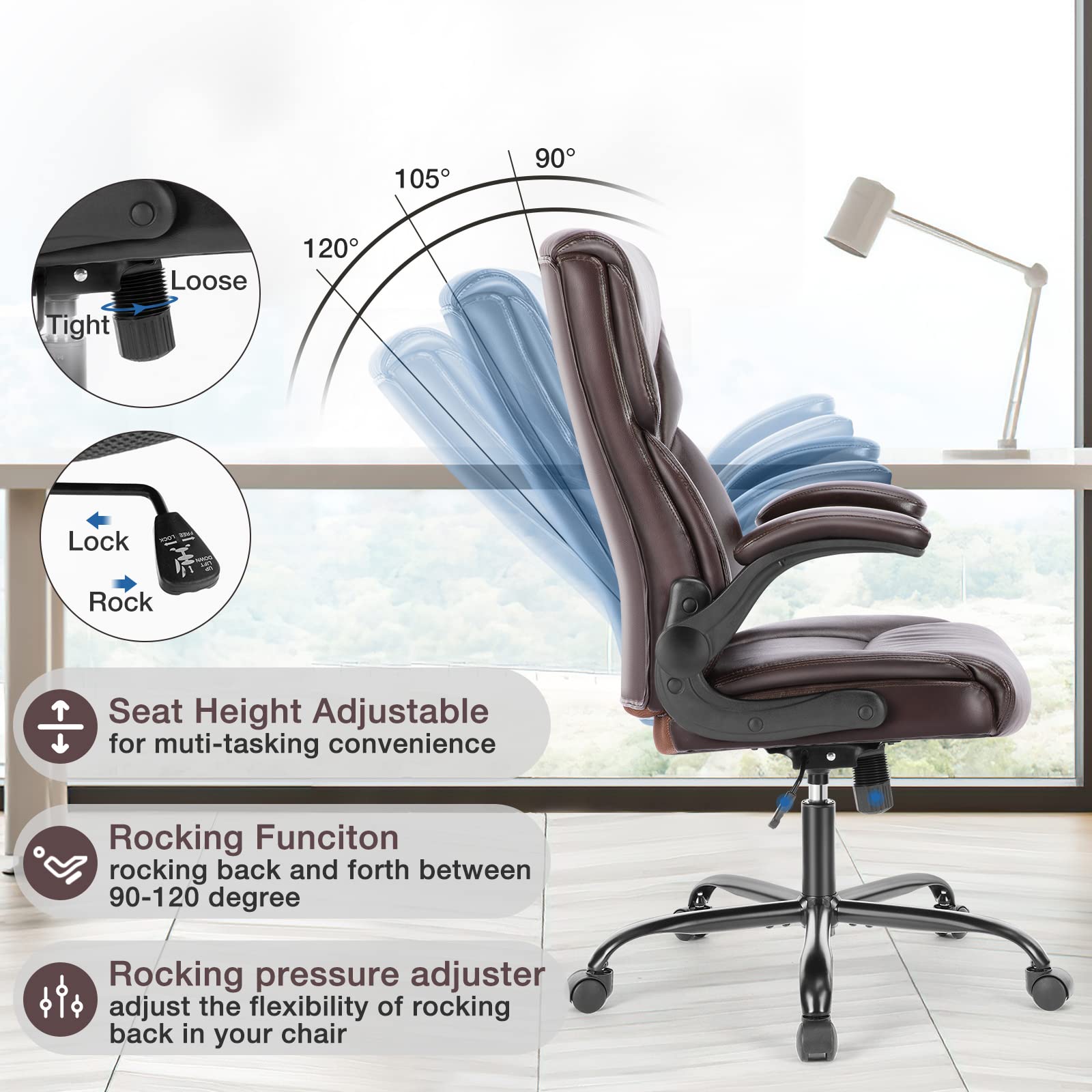 Ergonomic Office Chair, Heavy Duty 275lbs High Back Desk Chair, Flip-up Armrest PU Leather Swivel Rolling Chair with Wheels,Brown