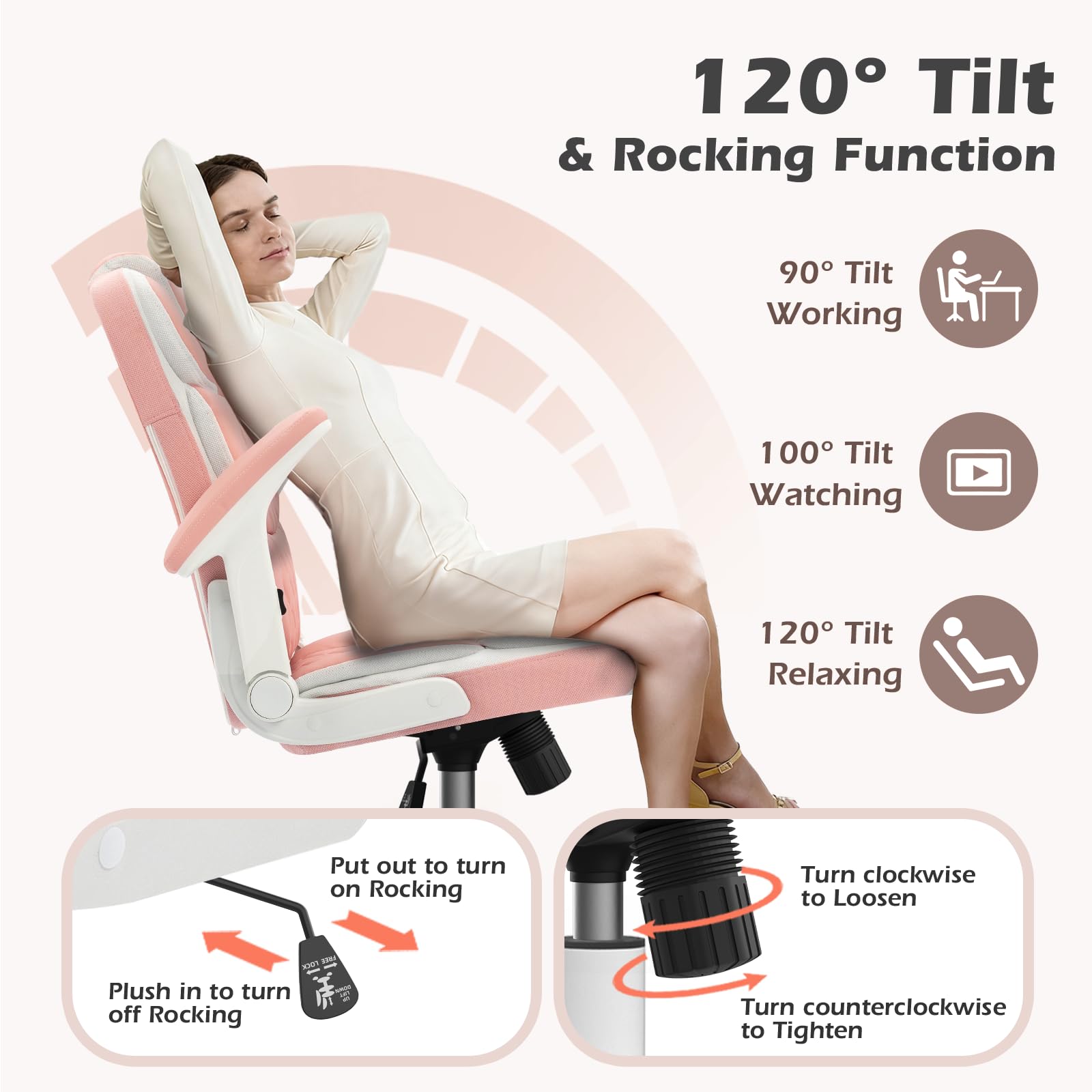 Pink Office Chair Ergonomic Desk Chair with Lumbar Support, Flip-Up Arms, Adjustable Swivel Computer Chair with Wheels, Comfortable PU Leather Cute Office Chair for Home Office Small Space