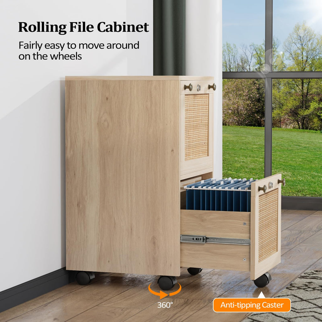 2 Drawer File Cabinet with Lock, Rolling File Cabinets for Home Office, Small Printer Stand, Wood Rattan Oak File Organizer, Under Desk Filing Cabinet on Wheels for Folders with Tabs
