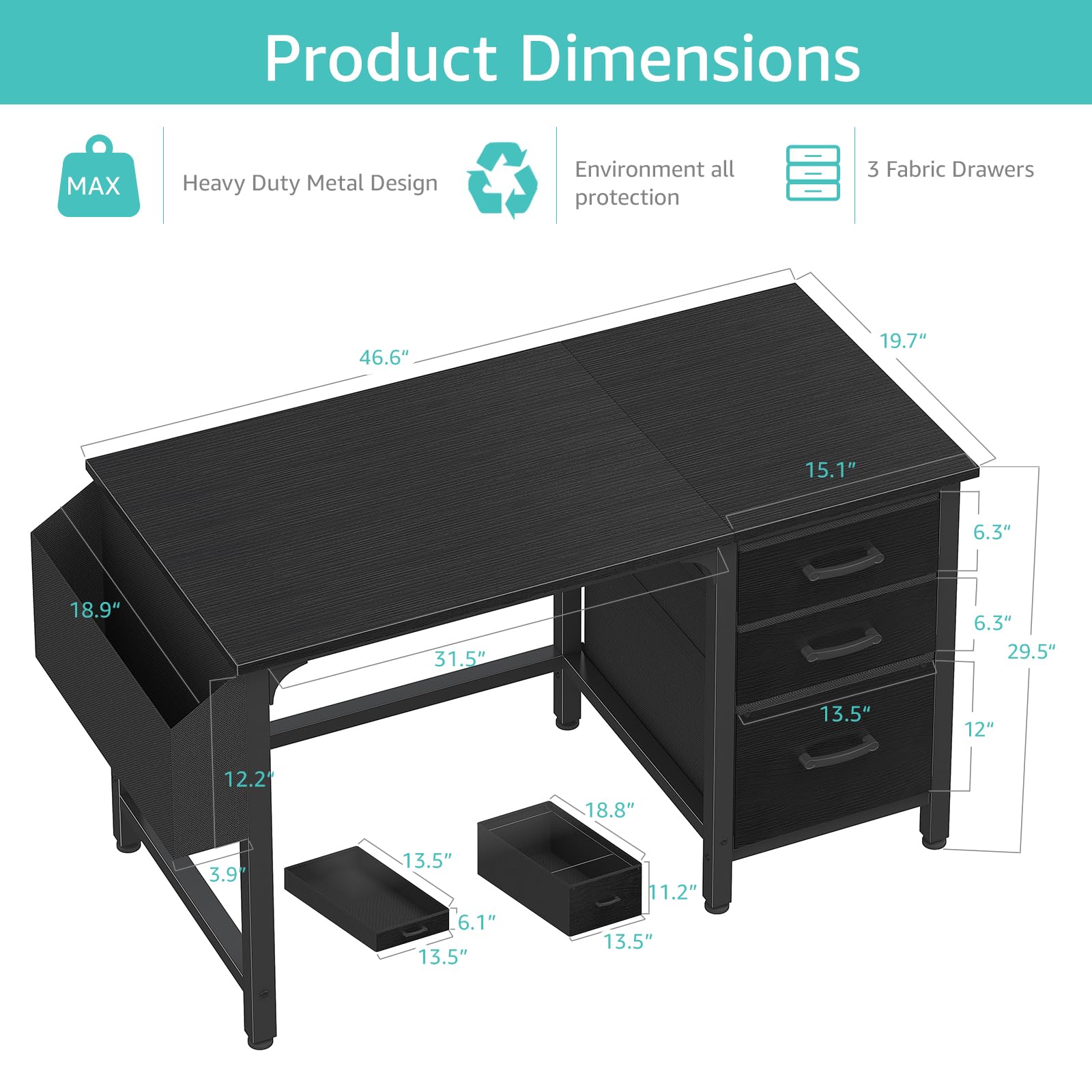 Computer Desk with File Drawers Cabinet, 47 Inch Reversible Home Office Desks with Filing Cabinet for Small Space, Gaming Study Writing Table PC Desks, Black