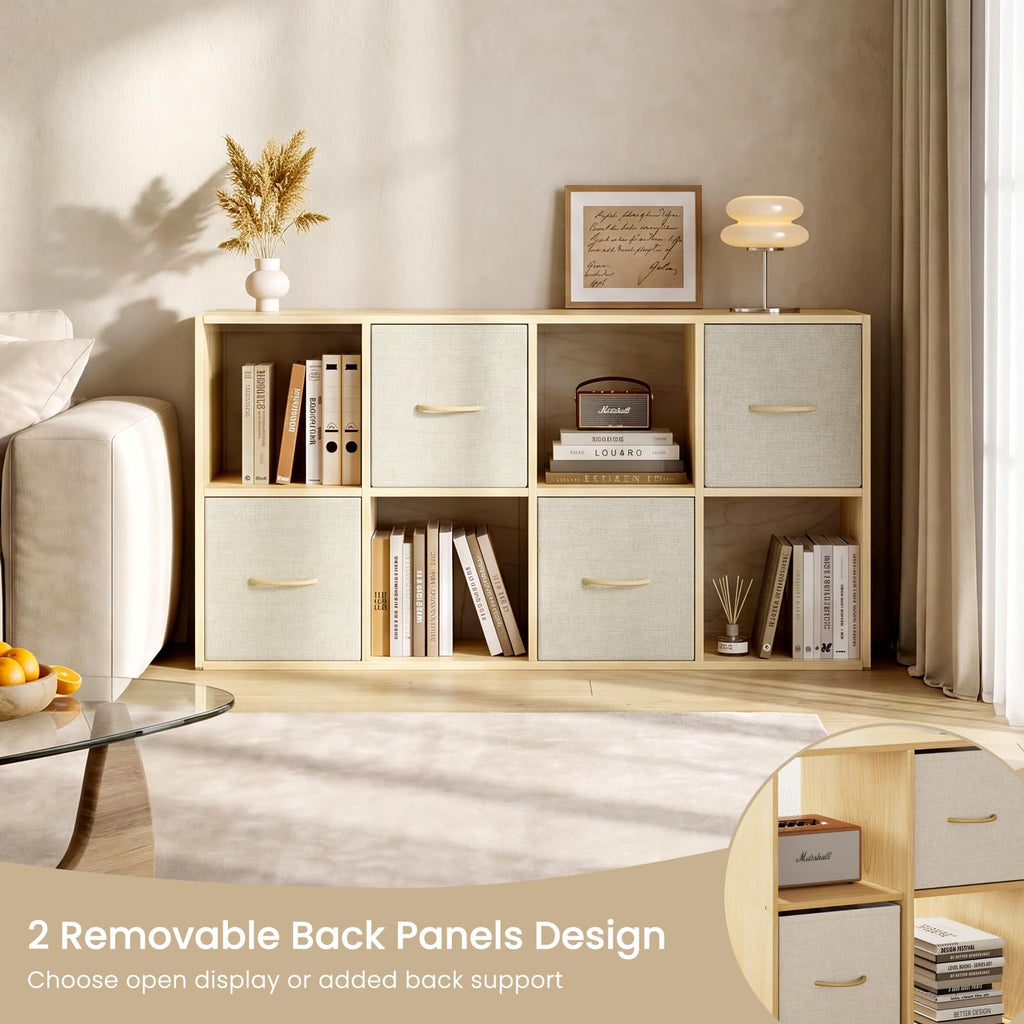 8 Cube Storage Organizer - Solid Wood Bookshelf with 4 Storage Bins, Cube Shelf with 2 Removable Back Panels, Vertical or Horizontal Bookcase, Open Book Shelf for Bedroom, Living Room, Office