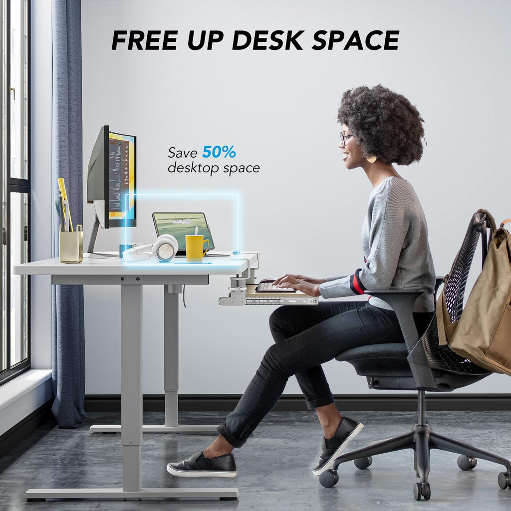 Keyboard Tray Under Desk Pull Out with Extra Sturdy C Clamp Mount System, 27.3 (32.5 inch Including Clamps) x 11 Inch Slide-Out Platform Computer Drawer for Typing Grain