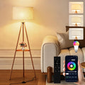 58.3" Mid-Century Tripod Floor Lamp with Shelf, Hidden Wiring, RGB Dimmable Bulb Included, Remote & App Control, Iron Corner Standing Lamp with Linen Shade for Living Room Bedroom