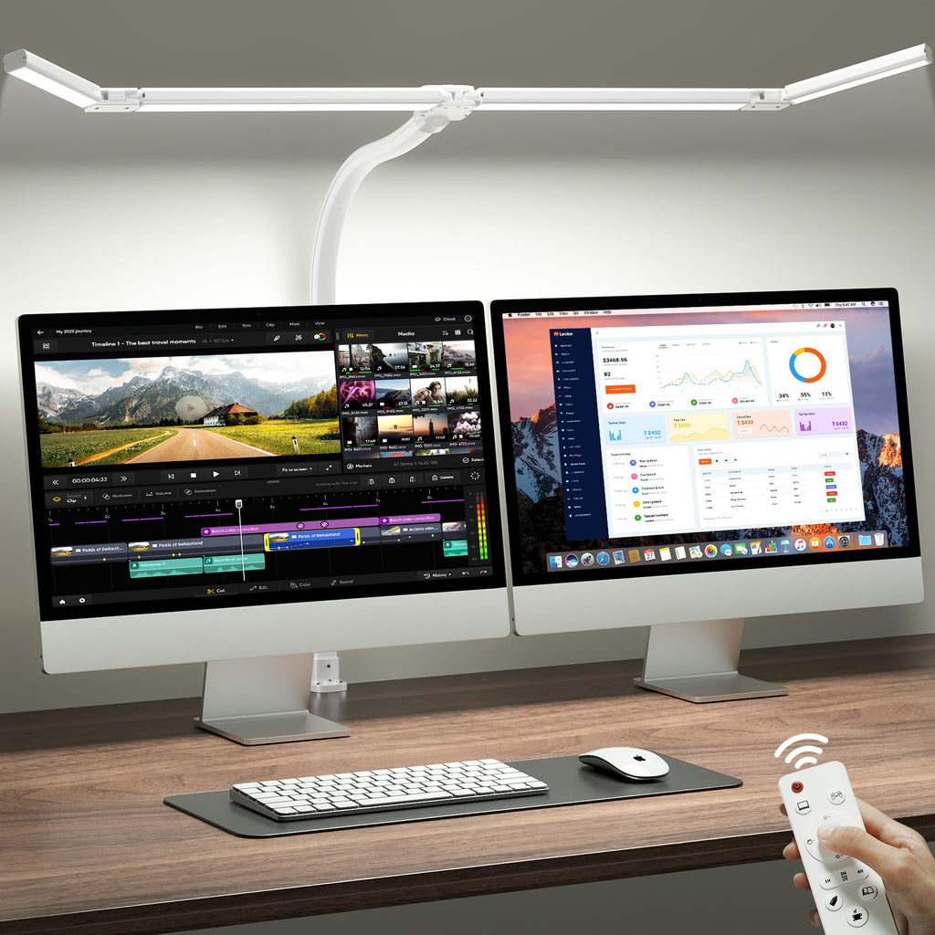 42" LED Desk Lamp with Clamp, Architect Desk Light with Remote, Adjustable 4-Segment Bar, 1800LM Bright, Eye-Caring Desk Lamp for Home Office, Reading, Study, Dual Monitors, Workbench (White)