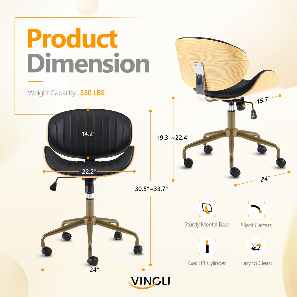 Wide Comfotable Swivel Home Office Chair with Wood-Grain Curved Shell,Ergomomic Mid-Back Padded Armless Rolling Desk Chair with Wheels,Height Adjustable for Computer,Task,Work,PU Leather,Black