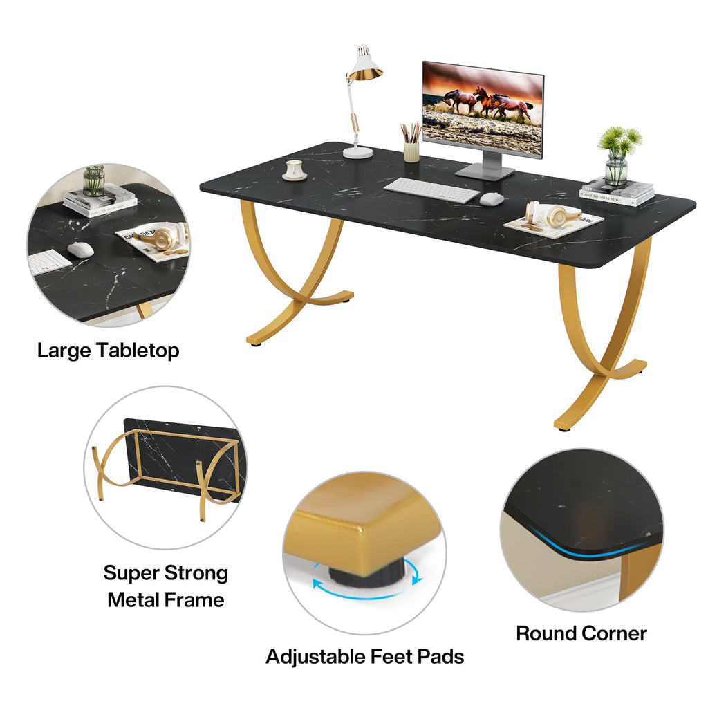 Executive Desk, 63” W x 31.5” D Large Office Desk, Modern Computer Desk Conference Table Meeting Room Table, Business Furniture for Home Office, Black and Gold