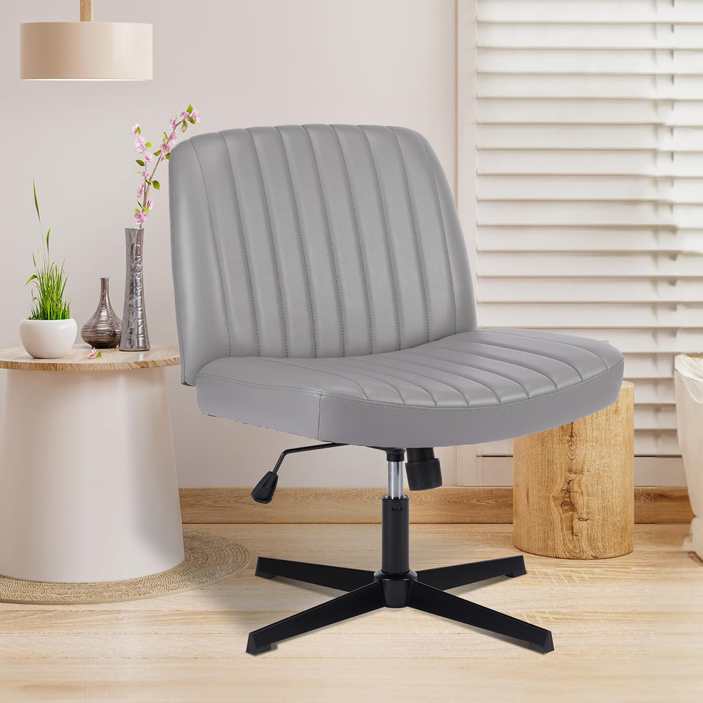 Criss Cross Legged Chairs Armless No Wheels Wide Seat Height Adjustable Swivel Padded PU Leather Home Office Desk Chair for Bedroom, Student, Study Room,Grey