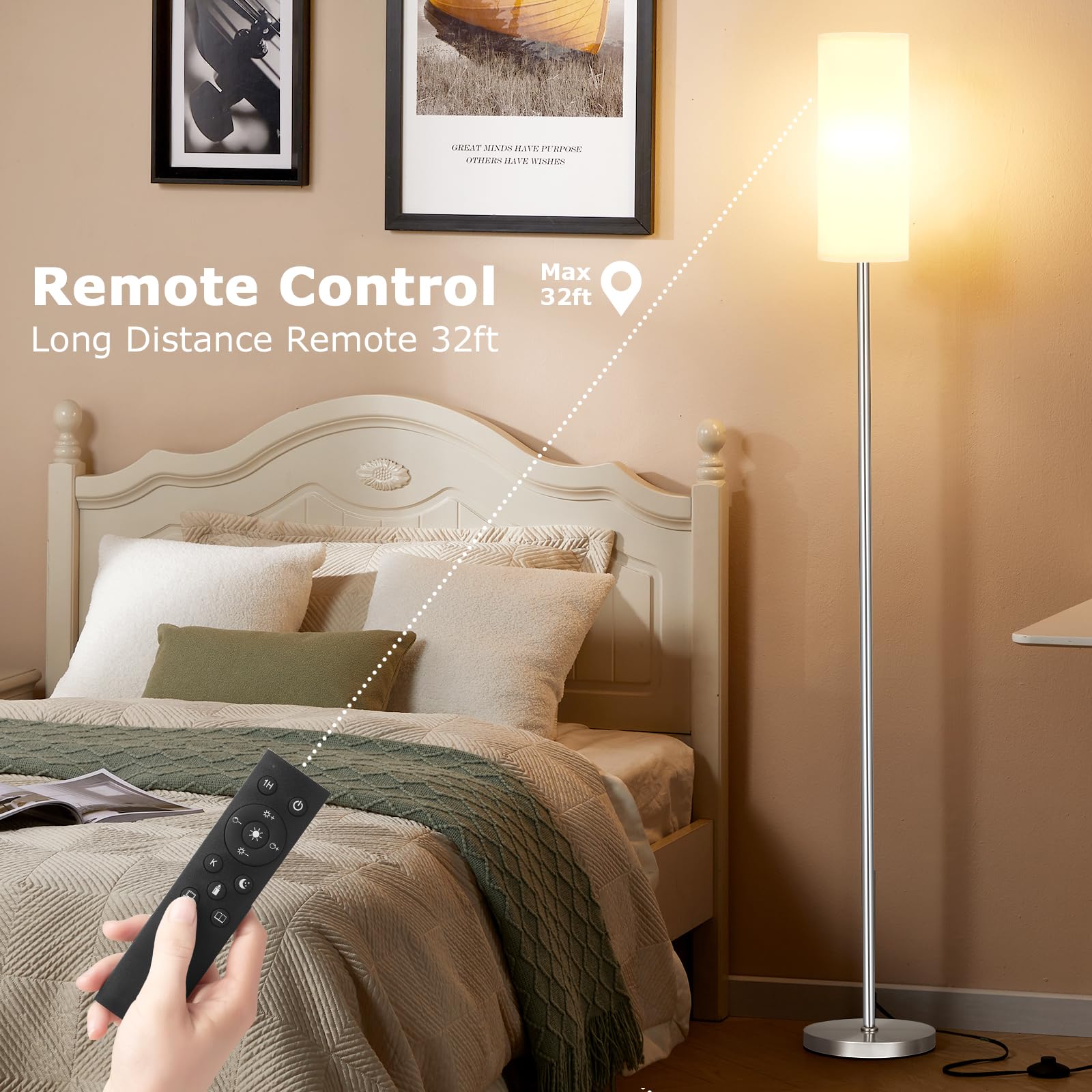 64'' Floor Lamps for Living Room with Remote Control and Stepless Dimmable Colors Temperature & Brightness, 9W Bulb Included(White Lampshade & Silver Pole)