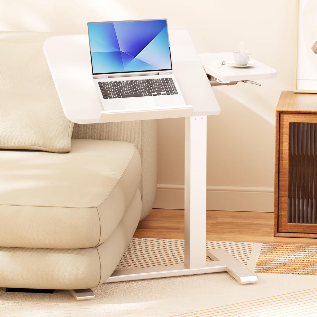 Tiltable Mobile Small Standing Desk, Pneumatic Adjustable Height Overbed Bedside Table with Wheels, Sit Stand Portable Rolling Laptop Desk Computer Workstations, White