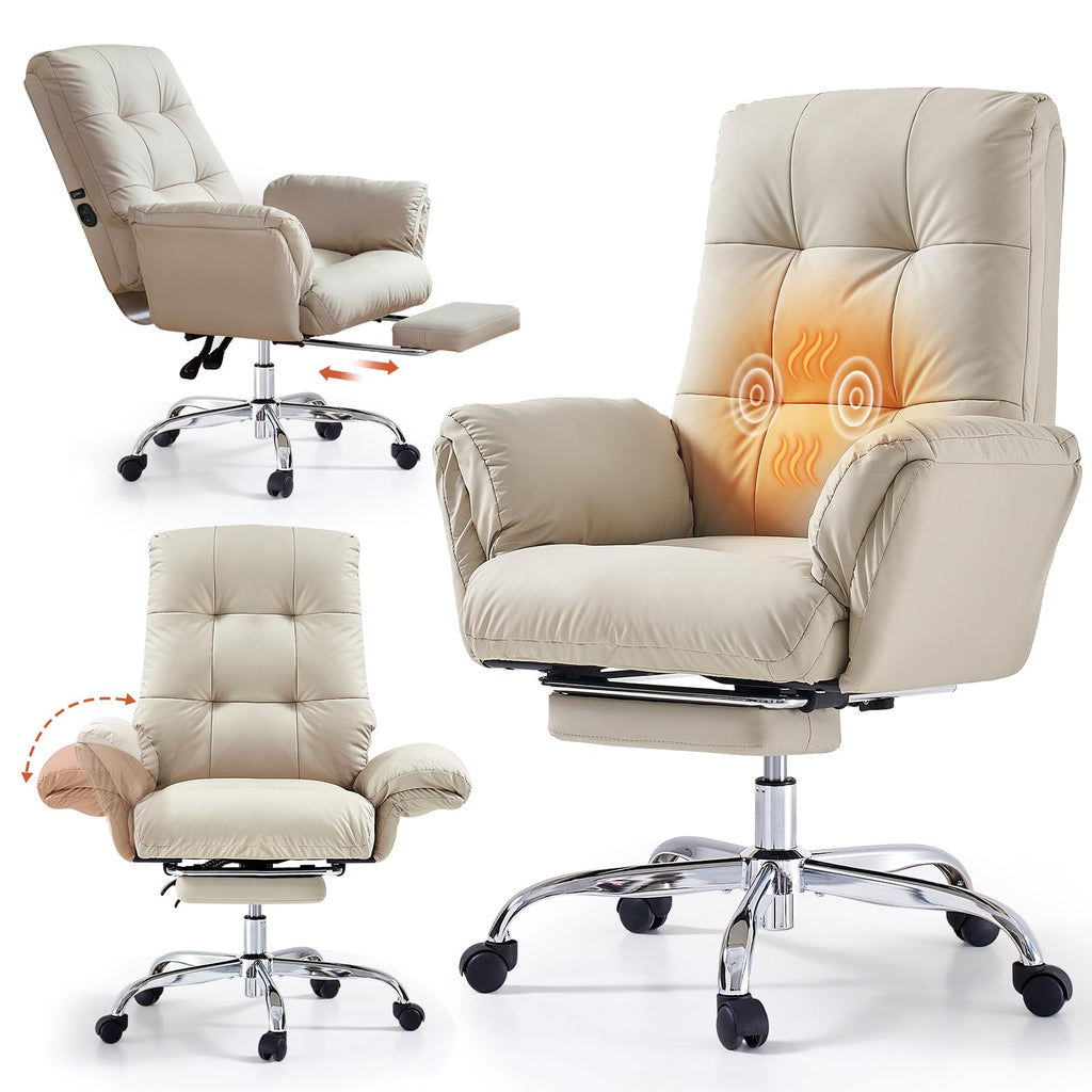 Heated and Massage Office Chair with Foot Rest Criss Cross Chair with Wheels and Flip-up Arms Reclining Desk Chair Comfy Wide Seat PU Leather Rolling Computer Home Office Chair (Beige)