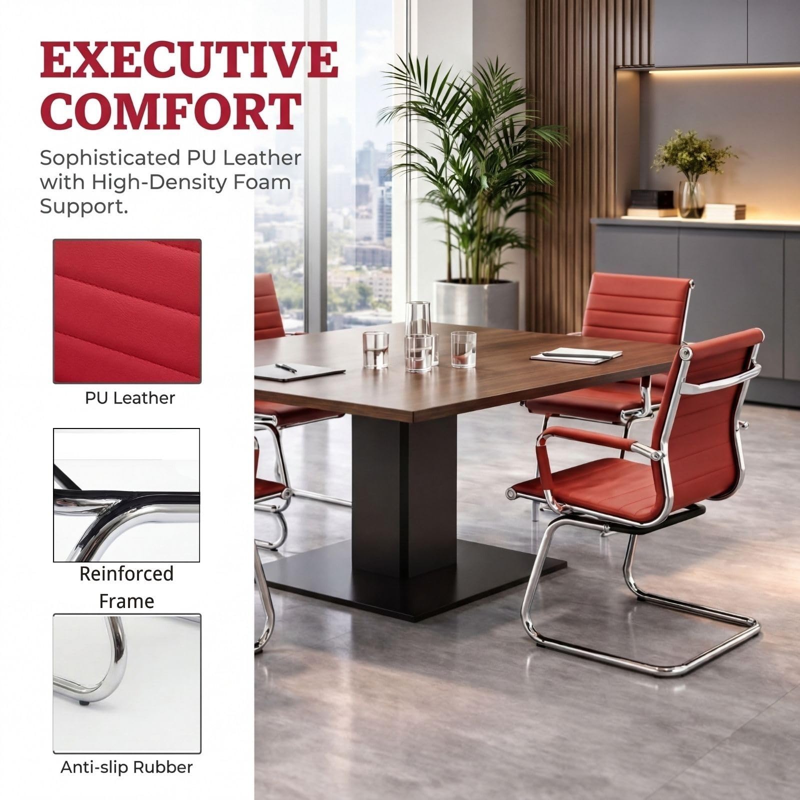 Office Desk Chair Set of 8,No Wheels PU Leather Computer Chairs Mid Back Guest Chairs with Seld Base for School/Reception/Conference/Waiting Room,Burgundy Red