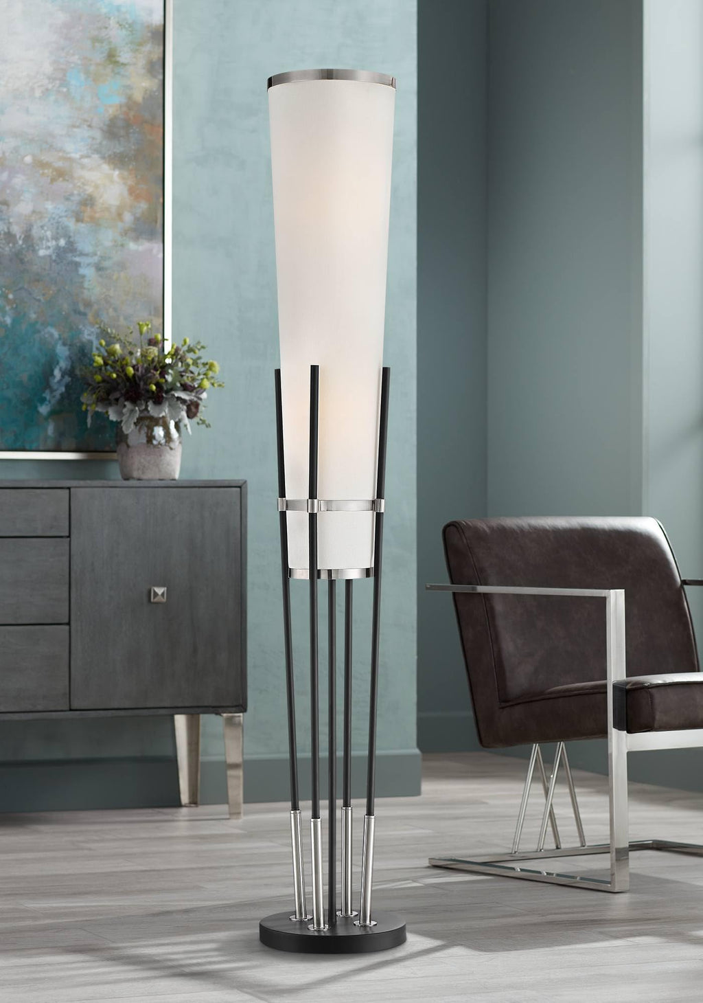 Flute 64" Tall Satin Black Floor Lamp with Smart Socket