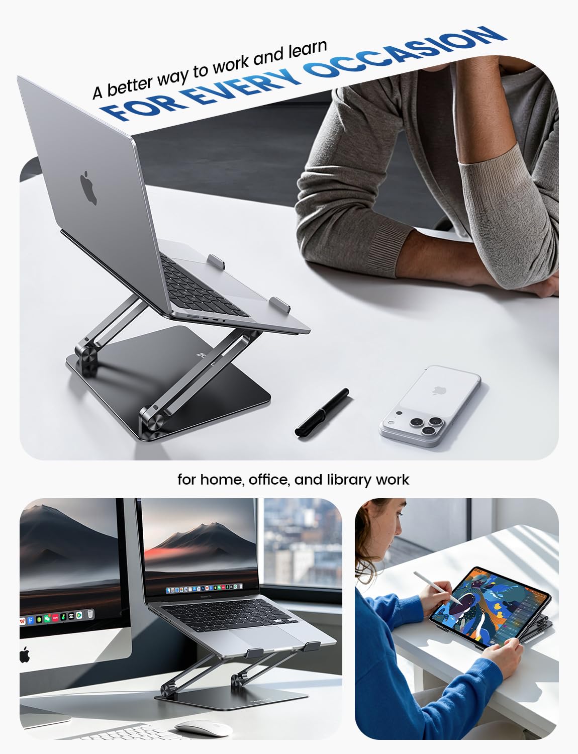 Adjustable Laptop Stand, Portable Laptop Riser, Aluminum Laptop Stand for Desk Foldable, Ergonomic Computer Notebook Stand Holder for MacBook Air Pro, Dell XPS, HP (10-17.3'') - Black
