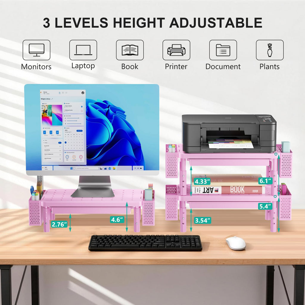 Computer Monitor Stand with Storage, Desk Organizer with Drawer and Pen Holder, Desk Monitor Riser 3 Height Adjustable, Laptop Riser for Computer, Laptop, Printer (PTT003-P), 1 Pack, Pink