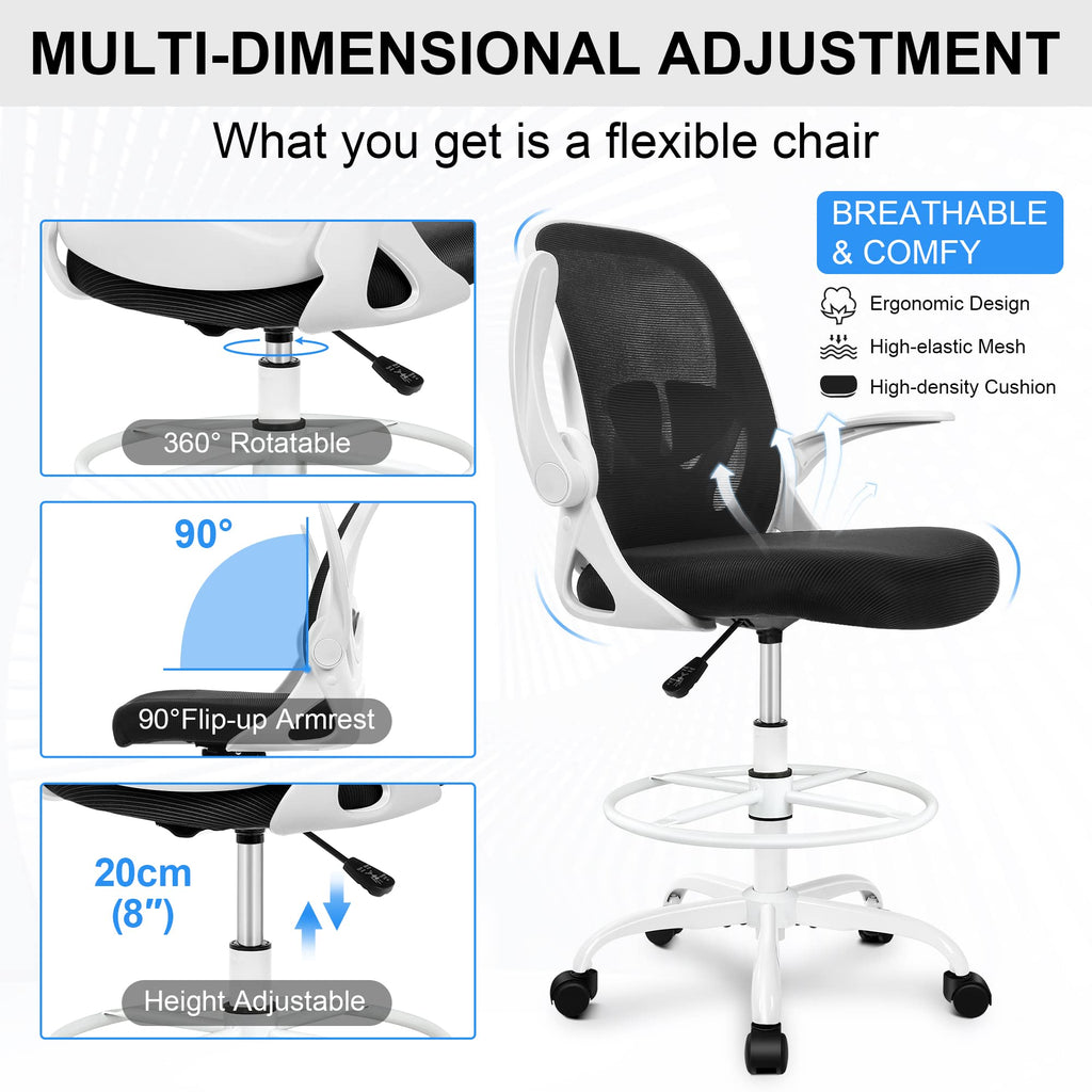Ergonomic Drafting Chair with Flip-up Armrests Tall Office Chair for Standing Desk Comfortable Desk Chair with Adjustable Footrest Ring and Lumbar Support in Gray Perfect for Home (White)