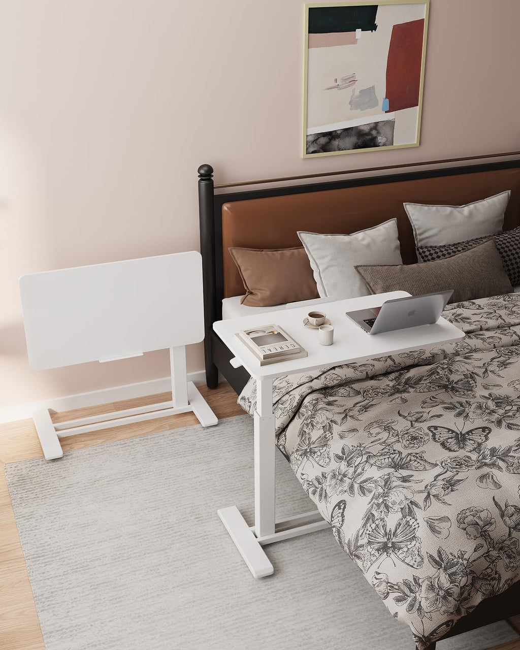 H7 PRO Mobile Standing Desk Adjustable Overbed Table Pneumatic with Wheels 90°Tiltable Portable Laptop Desk Rolling Computer Cart Foldable Bedside Table(31.5" W x 17.7" D, White)