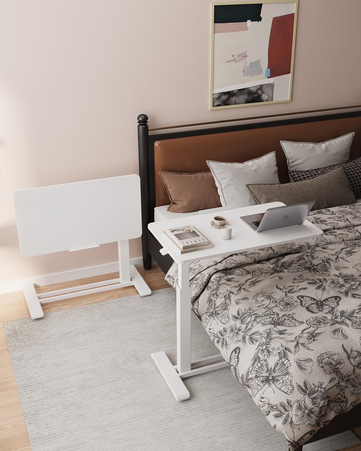 H7 PRO Mobile Standing Desk Adjustable Overbed Table Pneumatic with Wheels 90°Tiltable Portable Laptop Desk Rolling Computer Cart Foldable Bedside Table(31.5" W x 17.7" D, White)