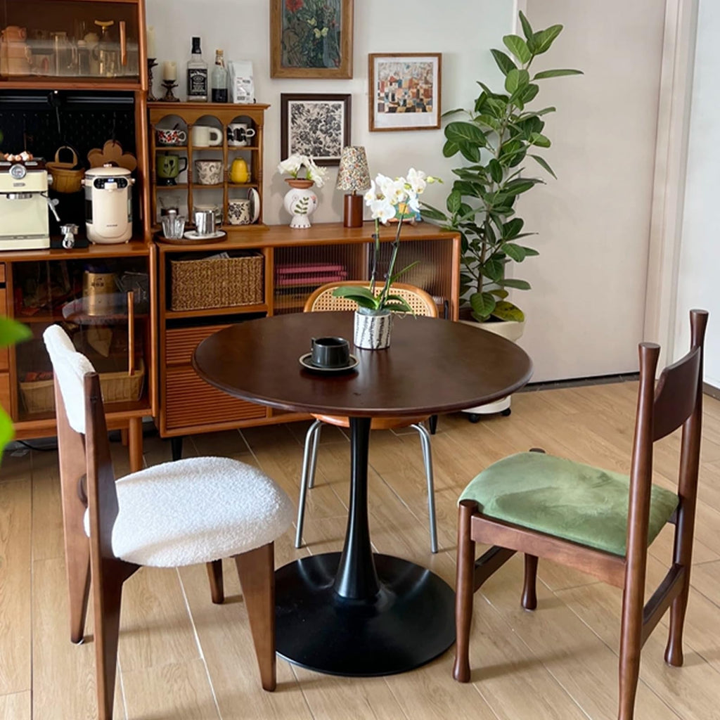 HYYTEIBL 27.3" Round Tulip Dining Table for 2-4 People with Walnut Top and Black Metal Pedestal Base, Mid-Century Modern Small Space Table for Kitchen, Living Room, Cafe