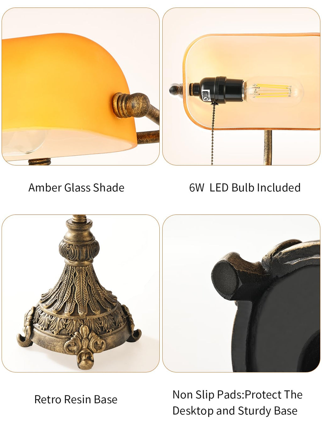 Vintage Amber Glass Bankers Desk Lamp,LED Bulb Included