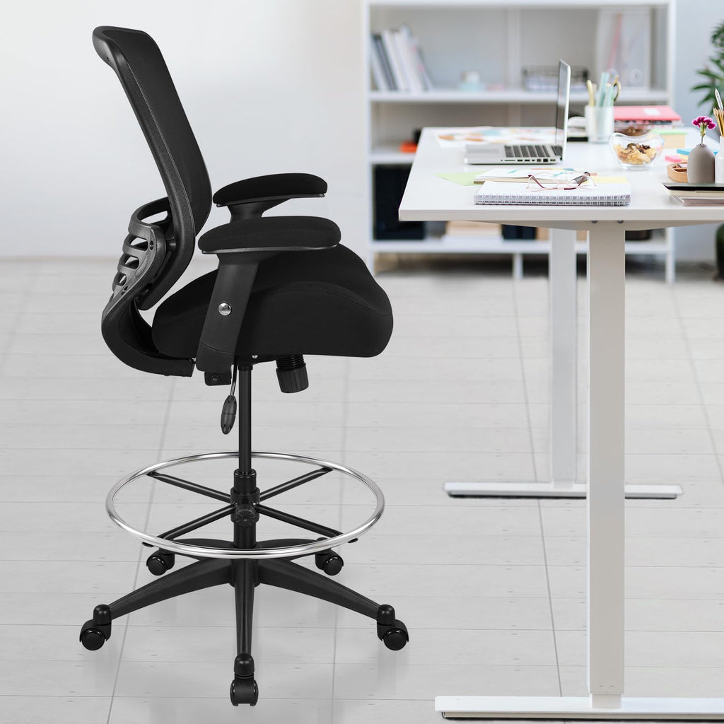 400lbs Mesh Ergonomic Office Drafting Chair Big Adjustable Foot Ring Height Adjustable Armrest(Black)