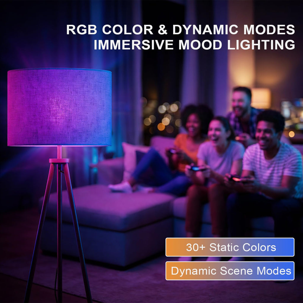 58.3" Mid-Century Tripod Floor Lamp with Shelf, Hidden Wiring, RGB Dimmable Bulb Included, Remote & App Control, Iron Corner Standing Lamp with Linen Shade for Living Room Bedroom