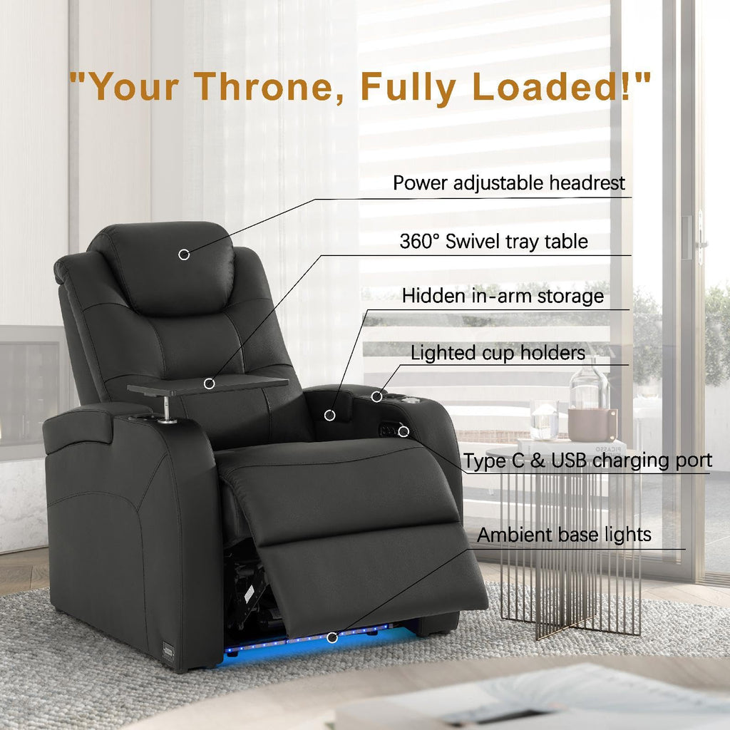 Simple Style Top Grain Nappa Leather Recliners Chair Dual Power Movie Gaming Sofa Chair Electric Headrest with Tray Table Type-C USB Charger (Black, Row of 1)