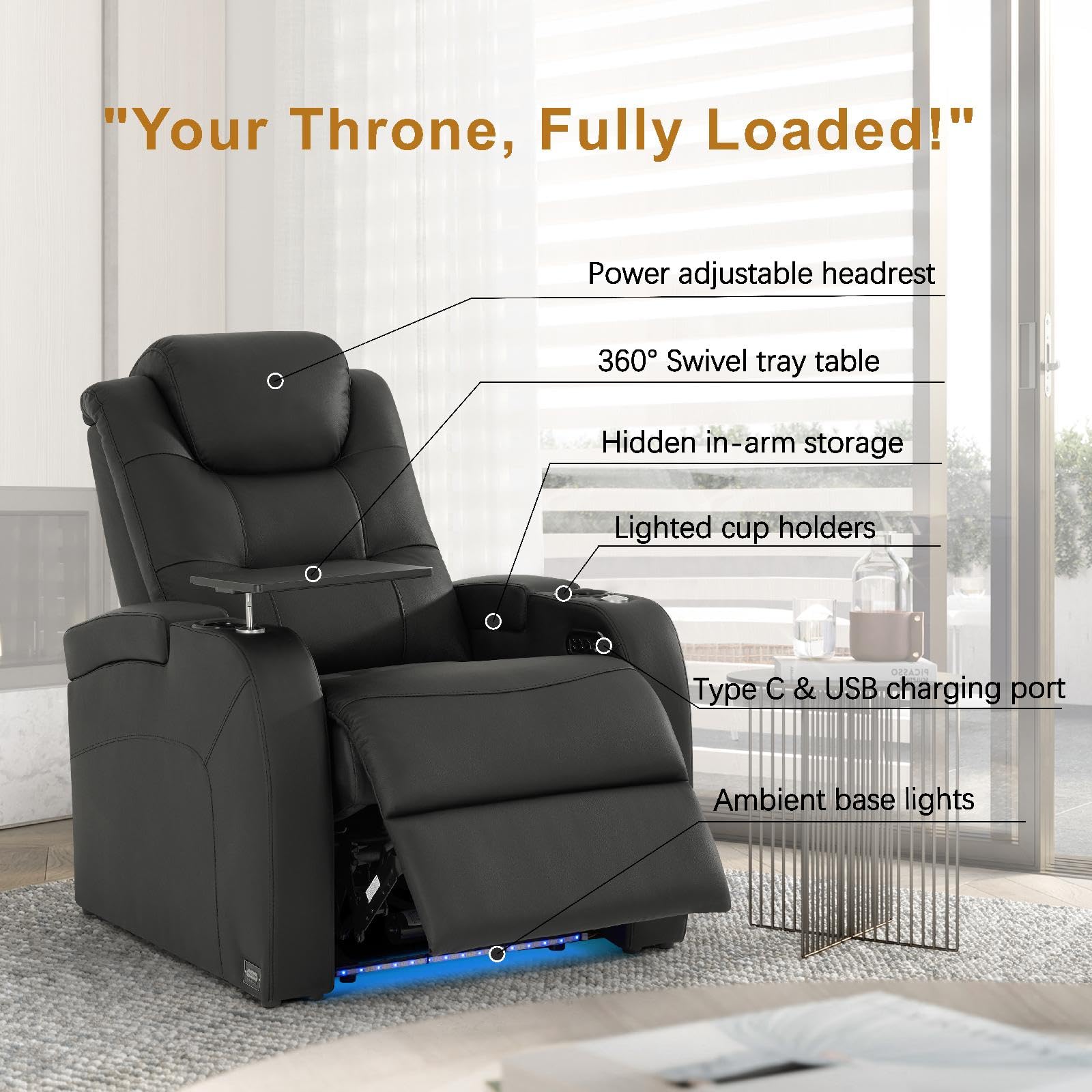 Simple Style Top Grain Nappa Leather Recliners Chair Dual Power Movie Gaming Sofa Chair Electric Headrest with Tray Table Type-C USB Charger (Black, Row of 1)