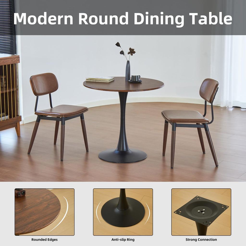 Hansweld Round Dining Table, 24" Circle Tulip Table with Thickened Tabletop & Metal Pedestal, Mid Century Modern Bistro Table for Kitchen, Small Places, Living Room, Cafe (Brown)