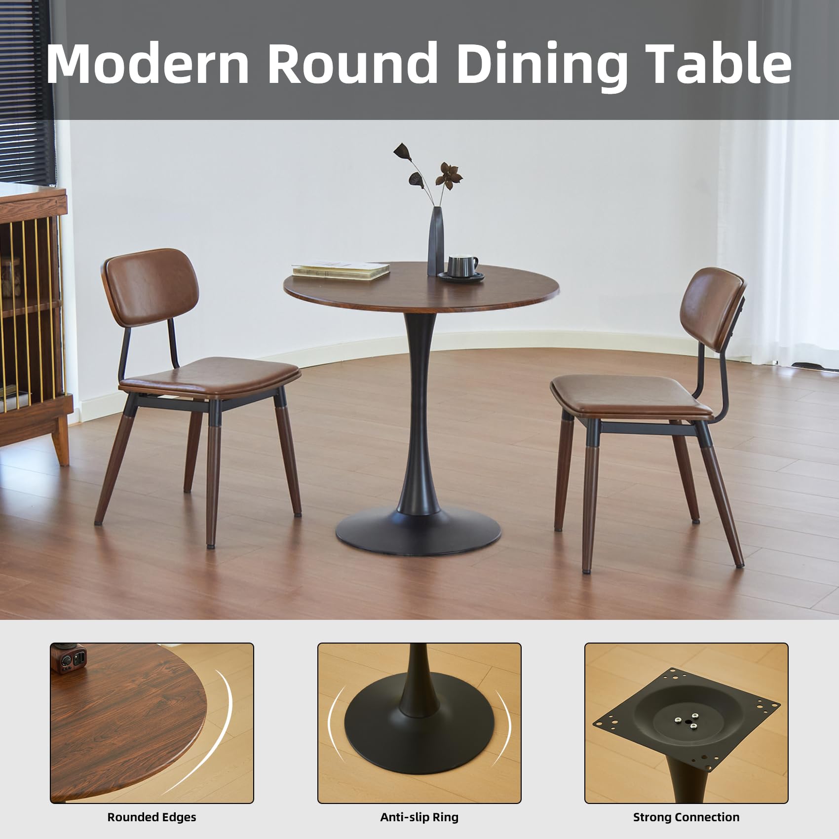 Hansweld Round Dining Table, 24" Circle Tulip Table with Thickened Tabletop & Metal Pedestal, Mid Century Modern Bistro Table for Kitchen, Small Places, Living Room, Cafe (Brown)