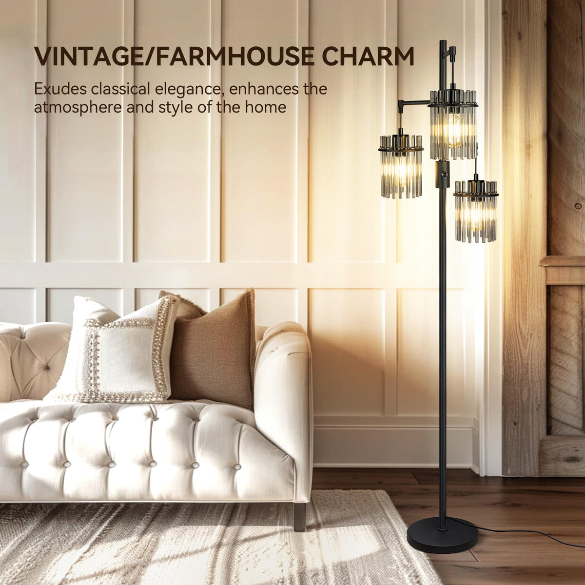 Black Crystal Standing Farmhouse Tree Floor Lamp for Living Room