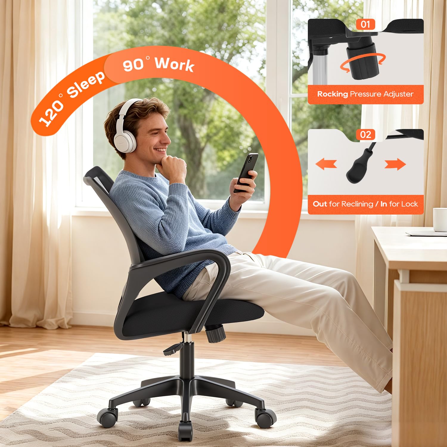 Ergonomic Office Chair | Mid-Back Swivel Desk Chair | Breathable Backrest & Lumbar Support | Adjustable Height | Sponge Seat | Rolling Wheels | Dark Black | for Adults & Women