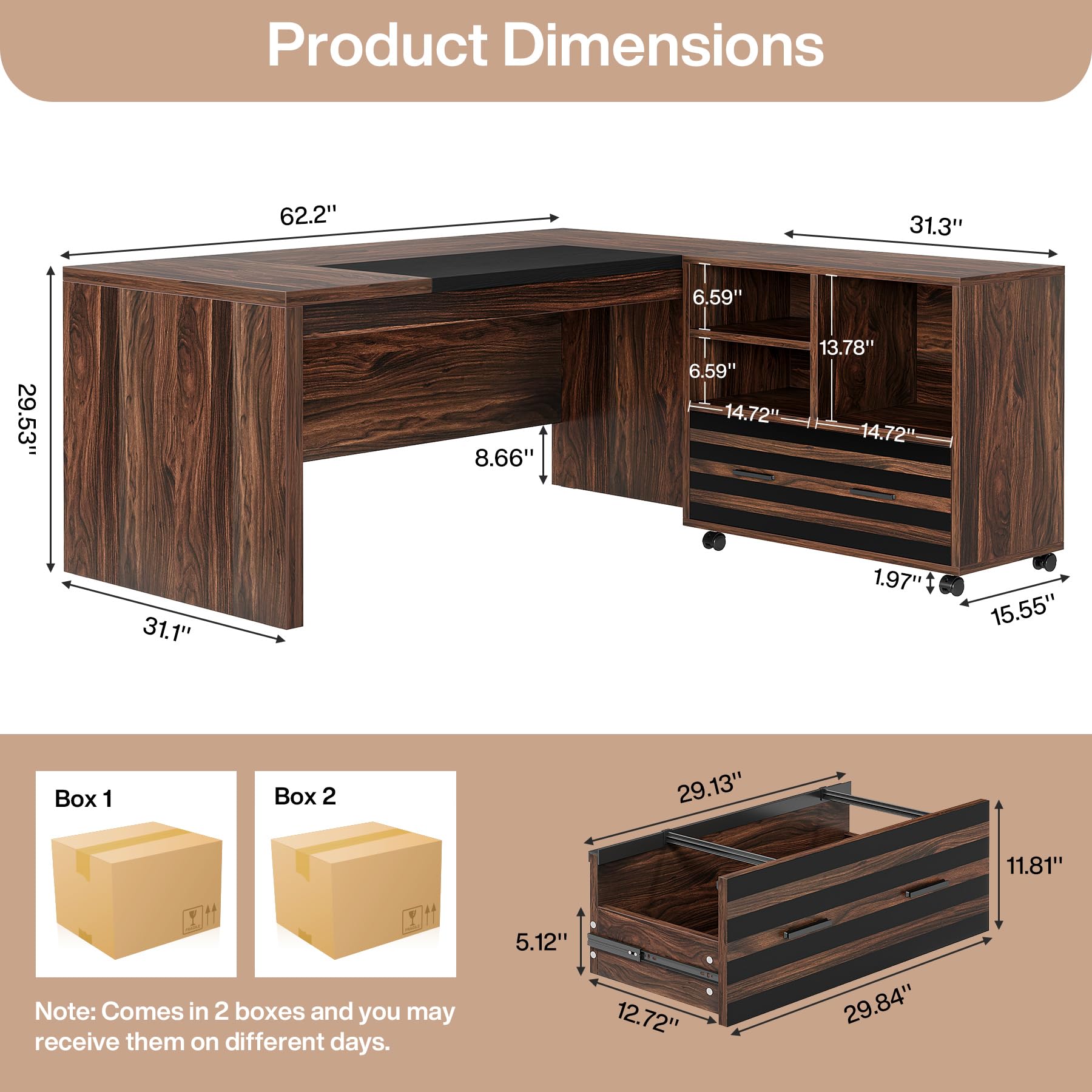 62.2" Executive Desk with Mobile File Cabinet, L-Shaped Office Desk with Storage Shelves, Large Computer Table Business Workstation Set for Home Office, Dark Brown