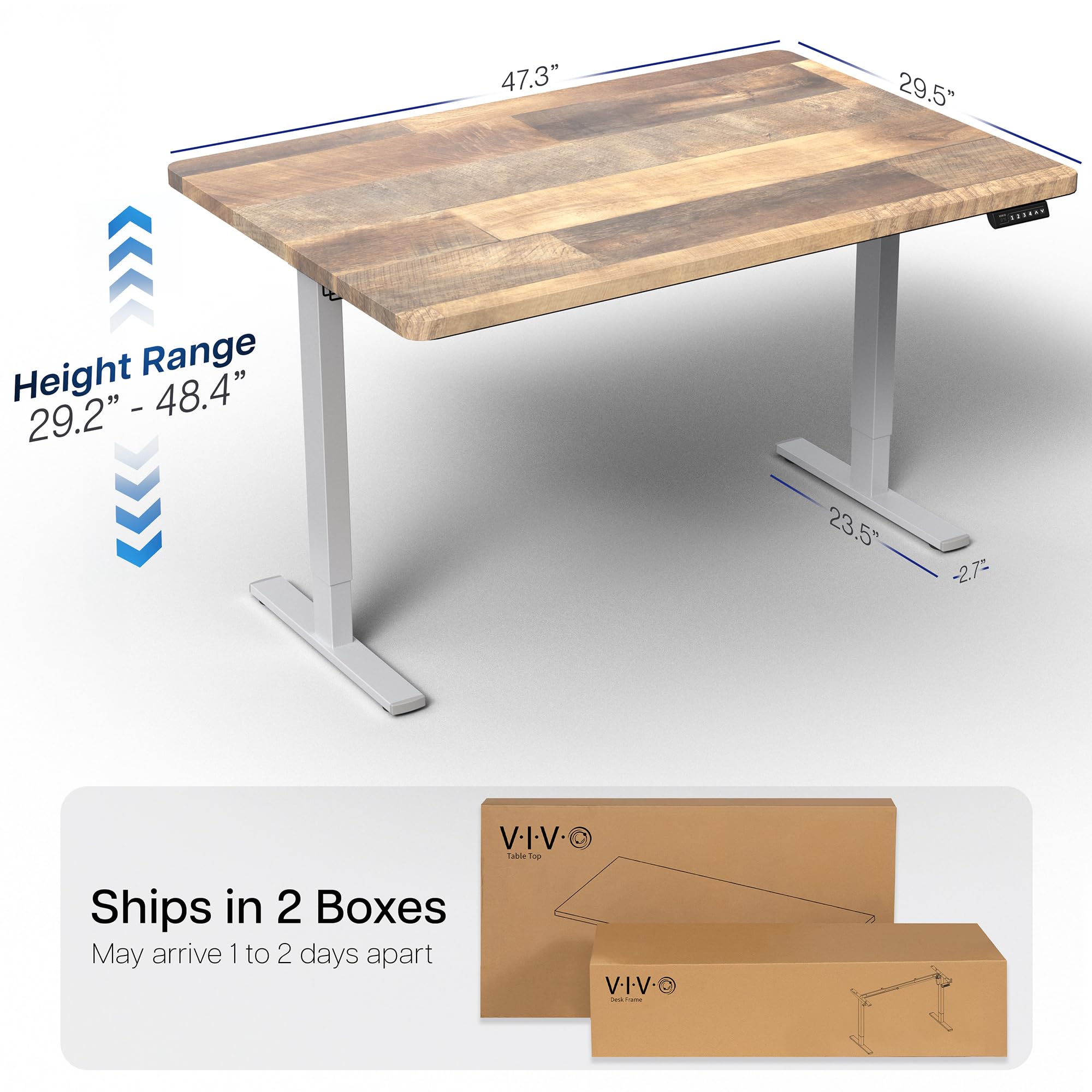 Electric 48 x 30 in Standing Desk, Memory Height Adjustment, 1B Series, Holds 220 lbs, One-Piece Reclaimed Wood Top, Gray Frame