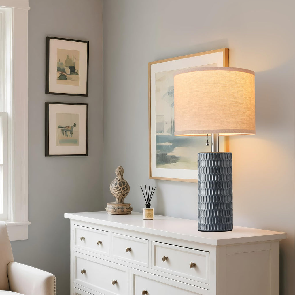 20.5" Modern Ceramic Table Lamps for Bedroom Set of 2, Bedside Lamps for Night Stands with Beige Lampshade, Farmhouse Table Lamp for Living Room Office Dorm, Grey
