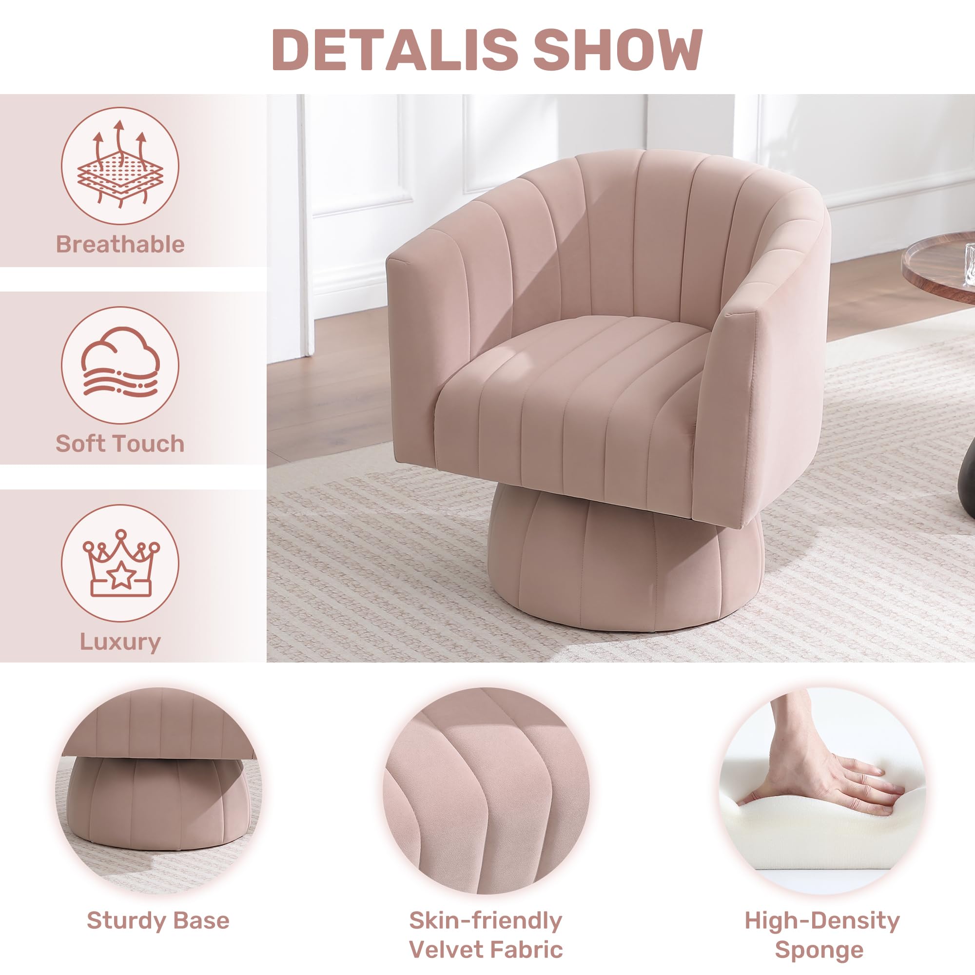 Swivel Accent Barrel Chair Set of 2, Cute Comfy Small Round 360° Arm Chair, Velvet Sofa Club Reading Chair for Office Living Room Bedroom Pink