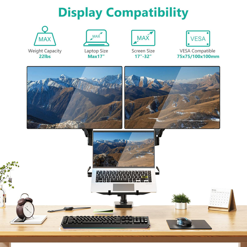 Triple Arm Laptop and Dual Monitor Desk Mount for 17" Notebook and Up to 32" Screens, Adjustable Monitor Arms with Tilt Swivel Rotation, VESA 75x75 100x100, Black